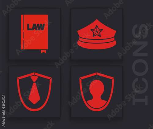 Set User protection, Law book, Police cap with cockade and Tie icon. Vector