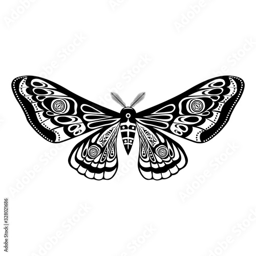 Night moth, butterfly. Vector illustration. Half open wings. Design element isolated on white