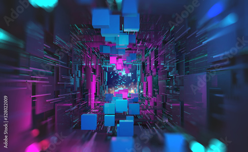 Fototapeta Naklejka Na Ścianę i Meble -  Futuristic sci-fi cyberspace in neon light. Blocks of information in a digital data stream. Portal, gate, tunnel and city of future 3D illustration. Abstract database