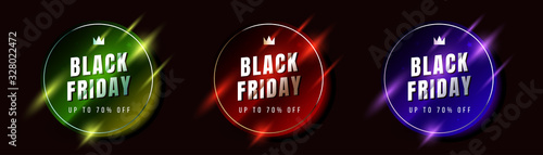 Set of black friday sale vector illustration with round frame and text on different color background with shiny sparkle.