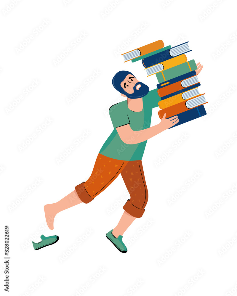 Literary fan. A man with a beard carries a large stack of books. The man lost his balance and falls. Cartoon character. Hand drawn illustration. Literary fan. A man with a beard carries a large stack of books. The man lost his balance and falls. Cartoon character. Hand drawn illustration.