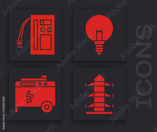 Set High voltage power pole line, Battery, Light bulb and Portable power electric generator icon. Vector