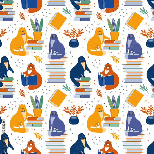 Seamless background with cats reading books. Smart cats with glasses sit on a stack of books. Modern abstract background. Hand drawn Scandinavian illustration. Pet among books. Children Wallpaper.