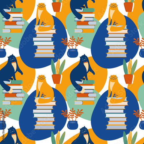 Seamless background with cats reading books. Smart cats with glasses sit on a stack of books. Modern abstract background. Hand drawn Scandinavian illustration. Pet among books. Children Wallpaper.