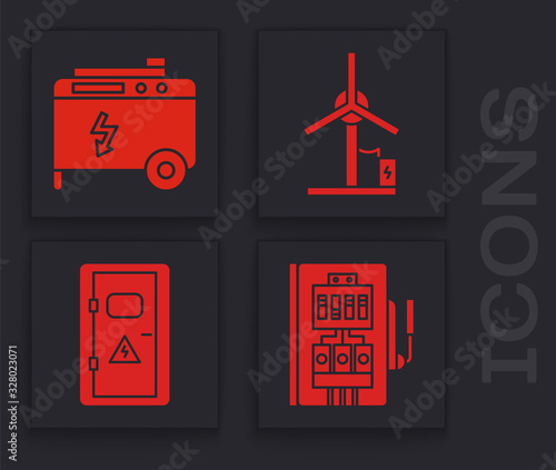 Set Electrical panel, Portable power electric generator, Wind turbine and Electrical cabinet icon. Vector
