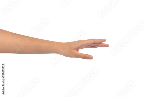 Beautiful female hand open and ready to reach or touch. Gesture isolated on white background.