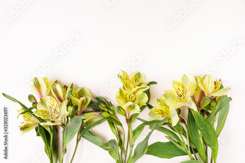 Bouquet of fresh alstroemeria flowers. The concept of spring, summer, women's day, holiday. Flat lay, top view, minimalism, copy space.