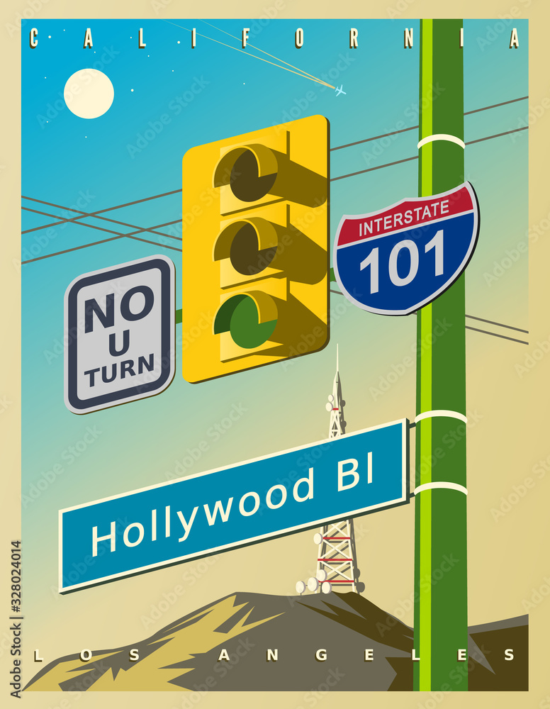 Vintage poster with a yellow traffic light, Hollywood sign, and road signs -