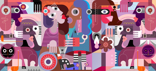 Papier peint photo Art abstrait Grande foule personnages deux chats  ©  danjazzia
