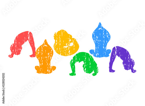 Vector colorful illustrations of silhouette children doing yoga different yoga poses or gymnastic exercises isolated on white background