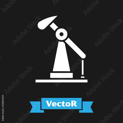White Oil pump or pump jack icon isolated on black background. Oil rig. Vector Illustration
