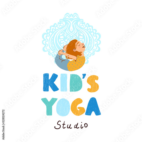 Vector colorful kids yoga studio logo with illustration of little girl doing yoga isolated on white background