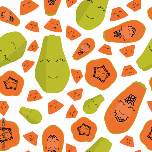 Seamless cute papaya pattern. Pawpaw vector pattern. Endless fruit texture. Vegetarian and tropical background template.