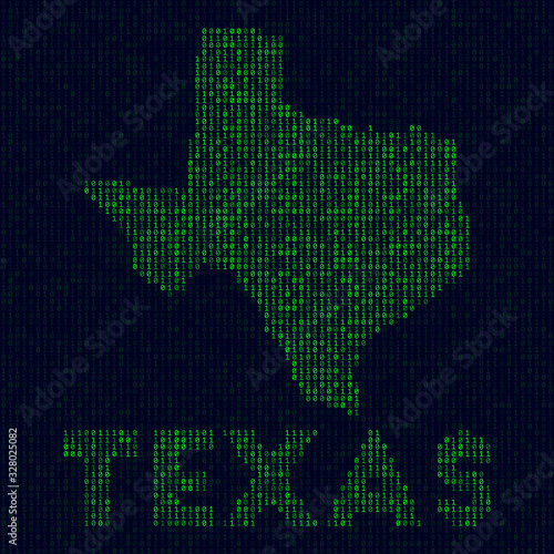Digital Texas logo. US state symbol in hacker style. Binary code map of Texas with US state name. Amazing vector illustration.