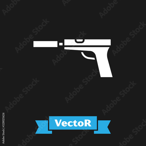 White Pistol or gun with silencer icon isolated on black background. Vector Illustration