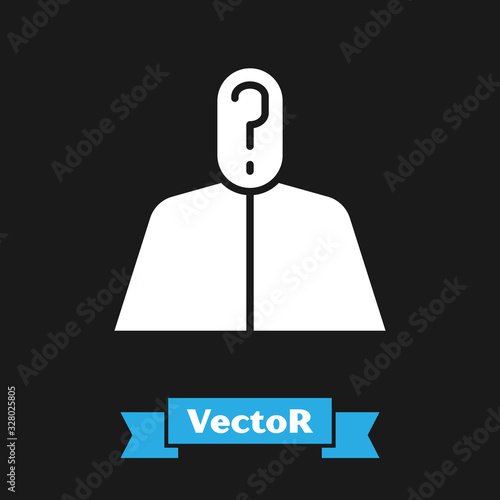 White Anonymous man with question mark icon isolated on black background. Unknown user, incognito profile, business secrecy, obscurity. Vector Illustration