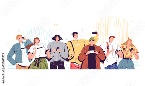 A crowd of people with phones. Young men and women hold mobile phones in their hands and use them for different purposes. Dependence on telephones and social networks for modern youth