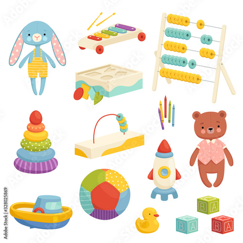 Set of different bright children's toys. Inventory for children's games and entertainment. Sports, plush, musical and logic toys