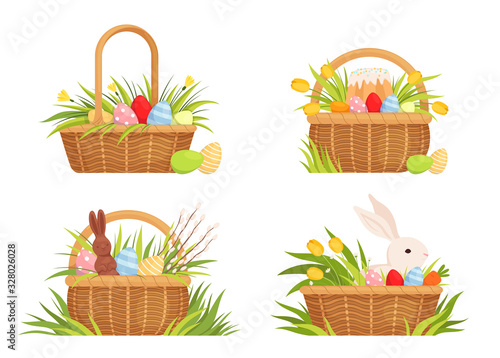 Set of easter baskets for the holiday. Baskets with colored eggs, tulips, Easter cake and rabbit. Set for spring design