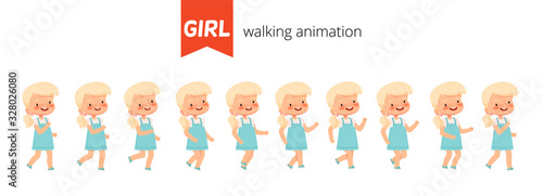 Set constructor animation walk of a little cute girl. Poses of a walking child for animation