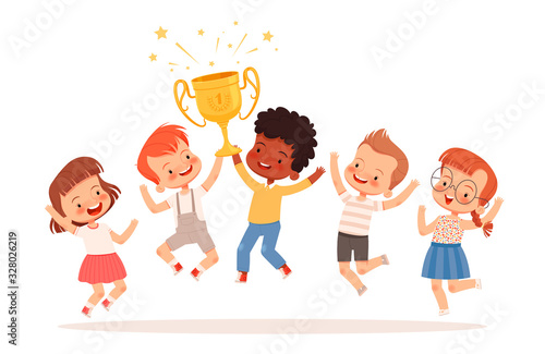 A team of cute children won the competition. Boys and girls won the gold cup and rejoice in victory. Teamwork concept for kids