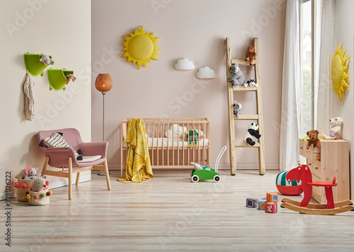 Modern baby room wooden furniture design with cradle.
