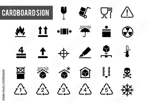 collection of warning signs on cardboard boxes or packaging of goods such as fragile cargo, maximum piles, avoidance of water, and others. Box warning sign icon set. Perfect for delivery and shipping.