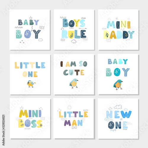 Vector set of illustrations with hand drawn lettering - Boys Rule. Colorful typography design in Scandinavian style for postcard, banner, t-shirt print, invitation, greeting card, poster