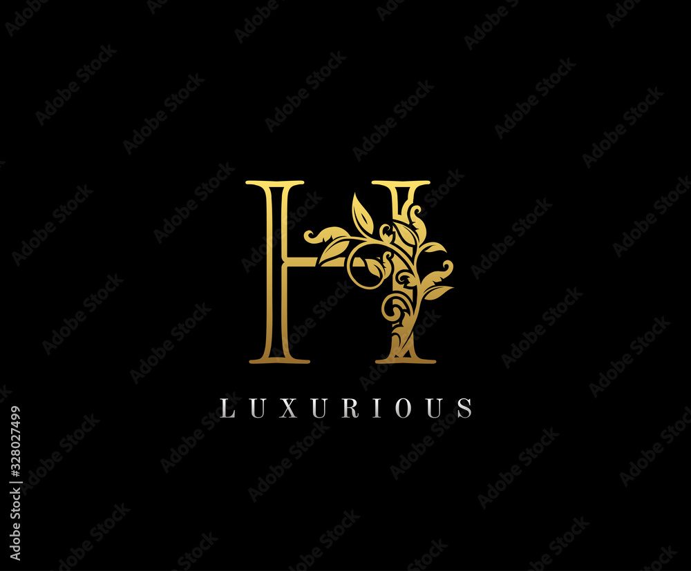 Gold Letter H Logo. H Letter Design Vector with Golden Colors and Floral Hand Drawn. Gold Letter H Logo. H Letter Design Vector with Golden Colors and Floral Hand Drawn.