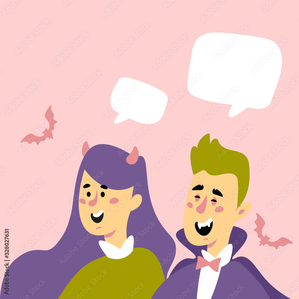 Flat Halloween party banner, flyer, poster, landing page or blog post with cartoon people in a witch and vampire costume