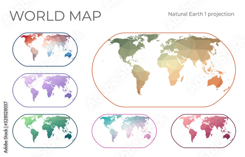 Low Poly World Map Set. Natural Earth projection. Collection of the world maps in geometric style. Vector illustration.
