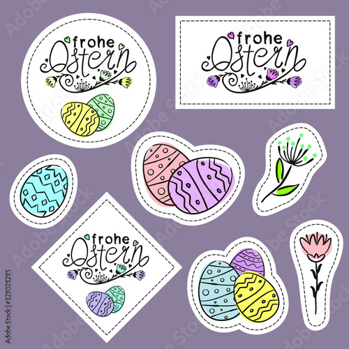 Set of easter stickers hand-drawn. Lettering of the phrase  Happy Easter  in German language  flowers  painted eggs. The vector illustration for printing and design posters and web applications.