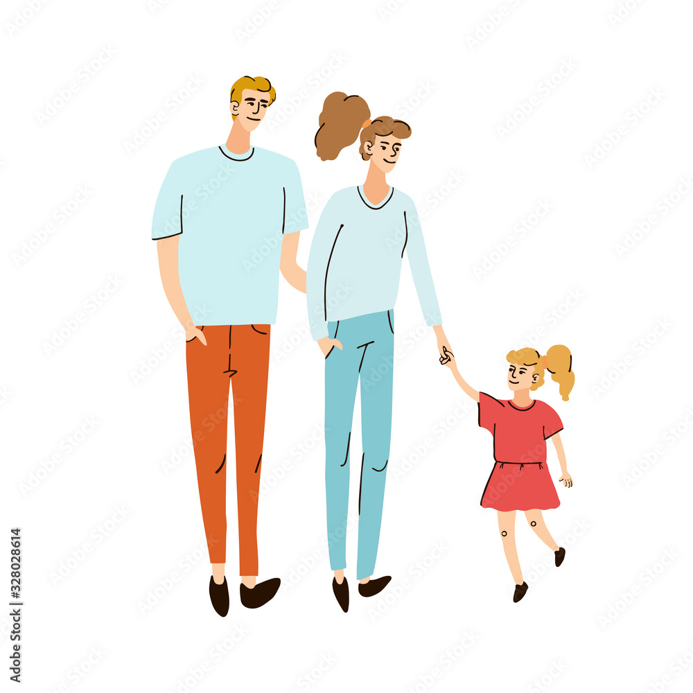 Vector colorful illustration of a young family, mom dad and daughter together walking on the street