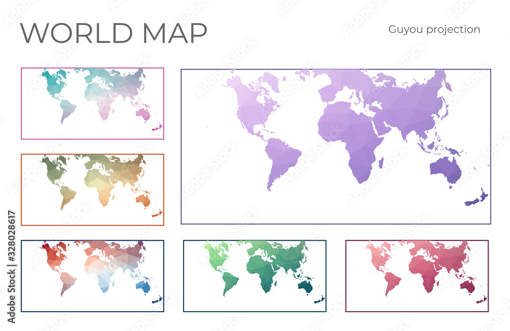 Low Poly World Map Set. Guyou hemisphere-in-a-square projection. Collection of the world maps in geometric style. Vector illustration.