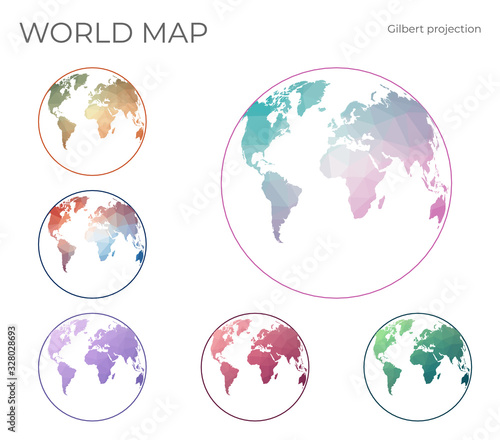Low Poly World Map Set. Gilbert's two-world perspective projection. Collection of the world maps in geometric style. Vector illustration.