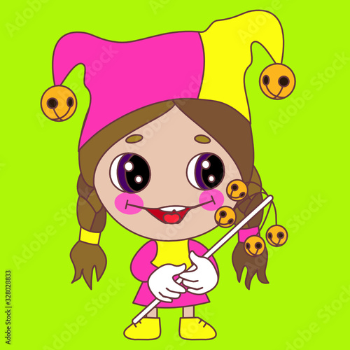 emoticon with smiling circus harlequin with two colored cape or hat with two tips and spherical bells that has rosy cheeks drawn with theatrical makeup, vector emoji chibi girl 