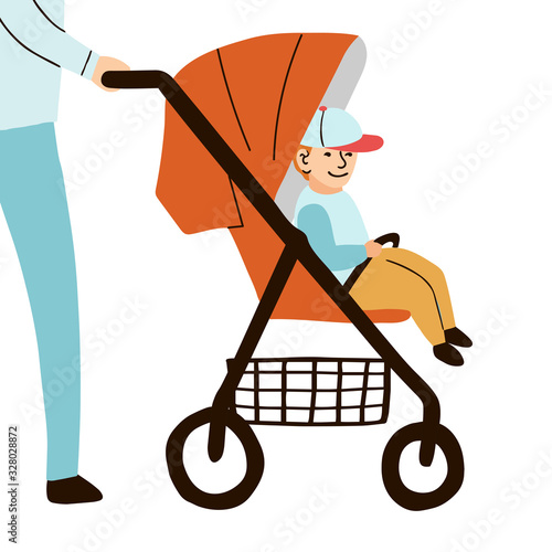 Vector colorful illustration baby boy sits on baby stroller