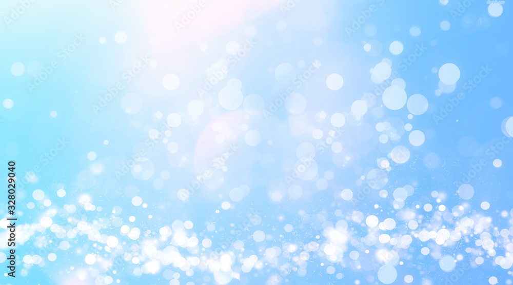 abstract blue background with bokeh lights and sunlight, panoramic background