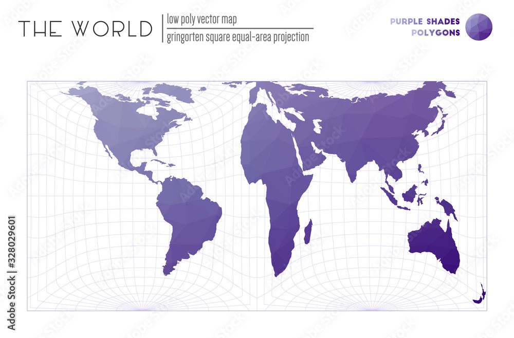 Vector map of the world. Gringorten square equal-area projection of the world. Purple Shades colored polygons. Stylish vector illustration.