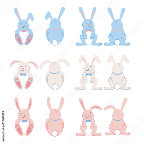 Easter rabbits. Easter cartoon bunny from front and back side on white backgr...
