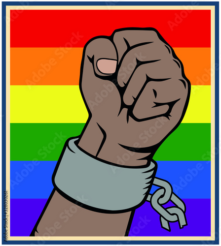 Rainbow colored hand with a fist raised up. Gay Pride. LGBT concept. Realistic style vector colorful illustration. Sticker, patch, t-shirt print, logo design.