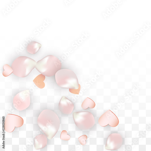 Vector Realistic Petals and Hearts Confetti. Flying Sakura and Hearts on Transparent Background. Wedding Invitation Background. Spring Romance Poster. Vector Illustration for Anniversary Design.