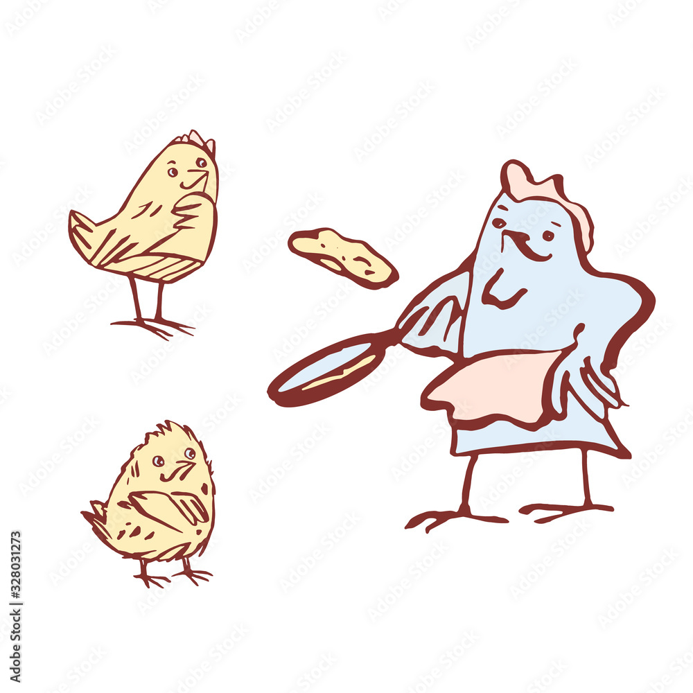 Obraz premium A set of vector illustrations in a cartoon style. Two chickens watch a hen bake pancakes. Hand drawn. On white background.