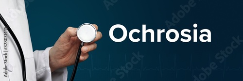 Ochrosia. Doctor in smock holds stethoscope. The word Ochrosia is next to it. Symbol of medicine, illness, health photo