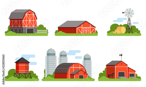Agricultural Buildings Collection, Countryside Life and Industrial Objects, Farm House, Barn, Silo Towers Vector Illustration