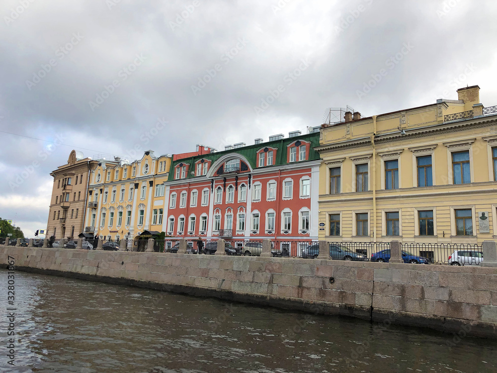 Buildings along the Fontanka river, St.Petersburg, Russia. View from Boat. St. Petersburg, Russia