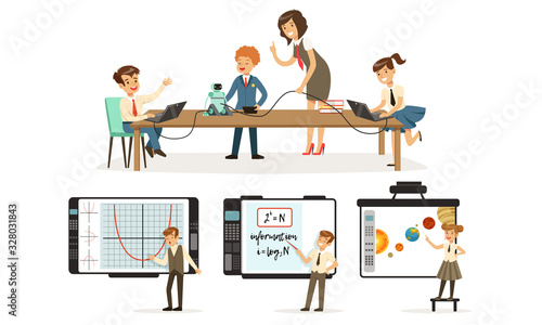 School Children at Informatics or Programming Lesson Collection, Students Working on Computers, Learning Robotics Vector Illustration on White Background