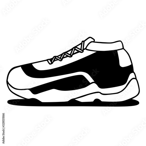 Sneakers vector Icon. Black and white doodle on White Background.Simple illustration of fitness and sport, gym shoe. Sign shop graphics