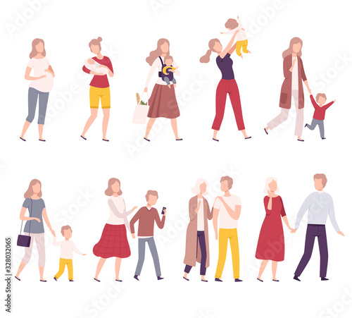 Stages of Family Development Set, Mother with Her Growing Daughter, Happy Parenthood Flat Vector Illustration