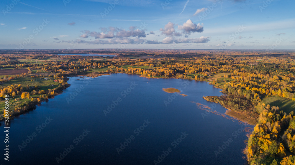 Beautiful nature landscape - lake and forests from above around Stameriena village, Latvia (drone photography)